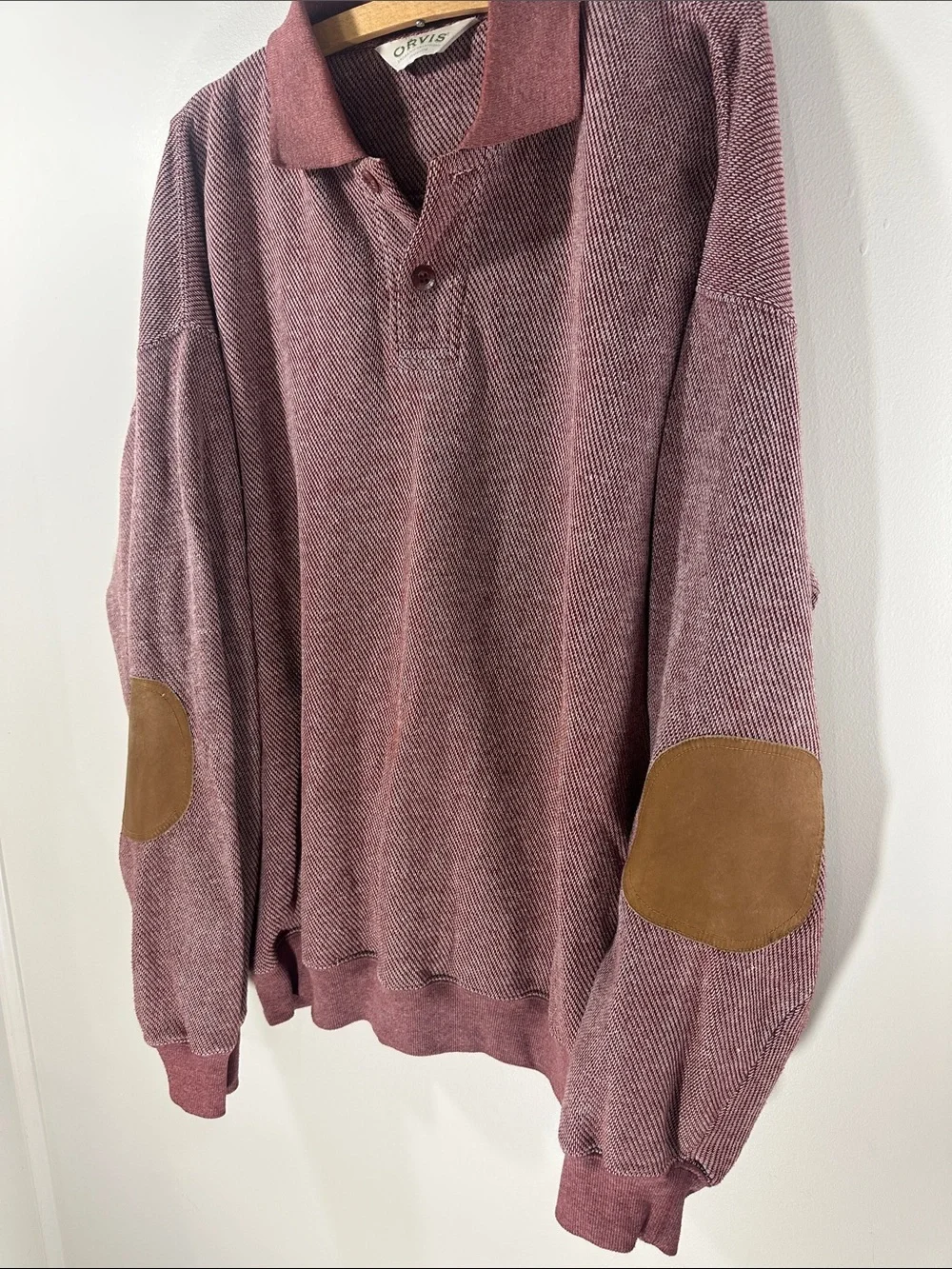 Orvis Heathered Mauve Polo Sweater with Elbow Patches Men's XL